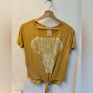 Mustard Yellow Elephant Graphic Knot-Front Women's Tee